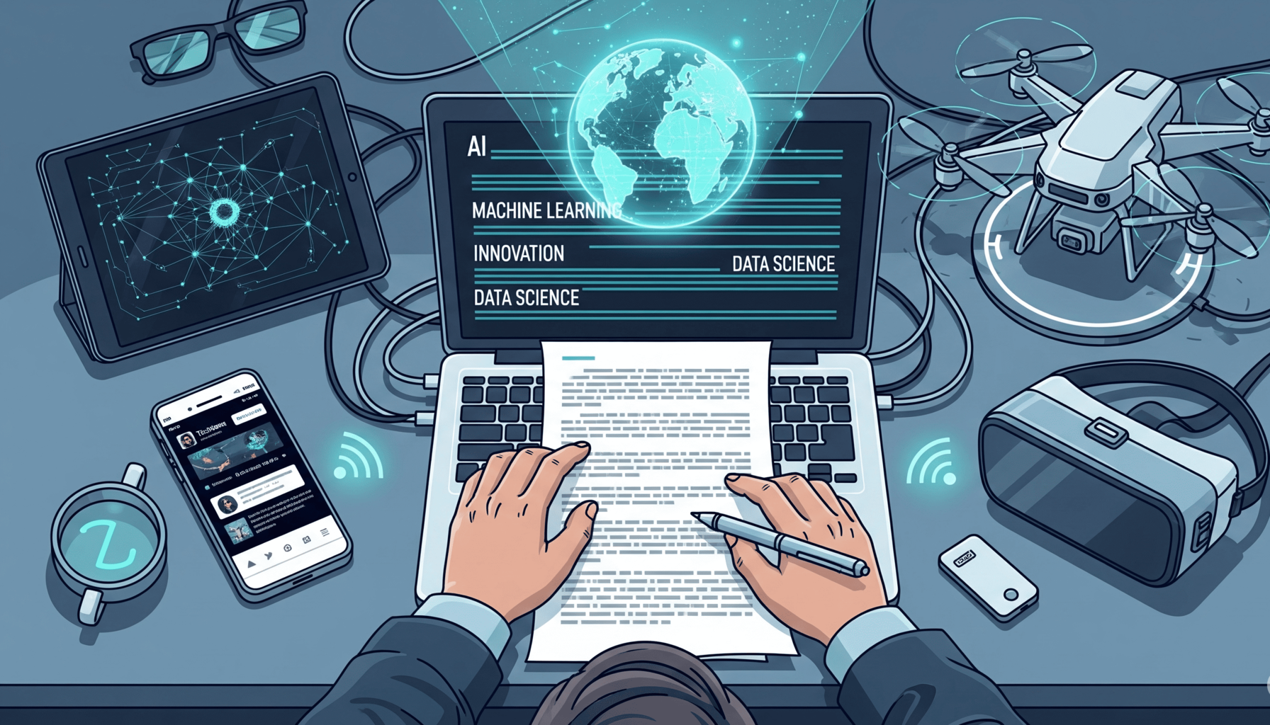 A graphic illustration of a person writing a technological essay with various gadgets surrounding him.
