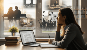 A person sitting at a desk, imagining things, with a laptop in front of her.