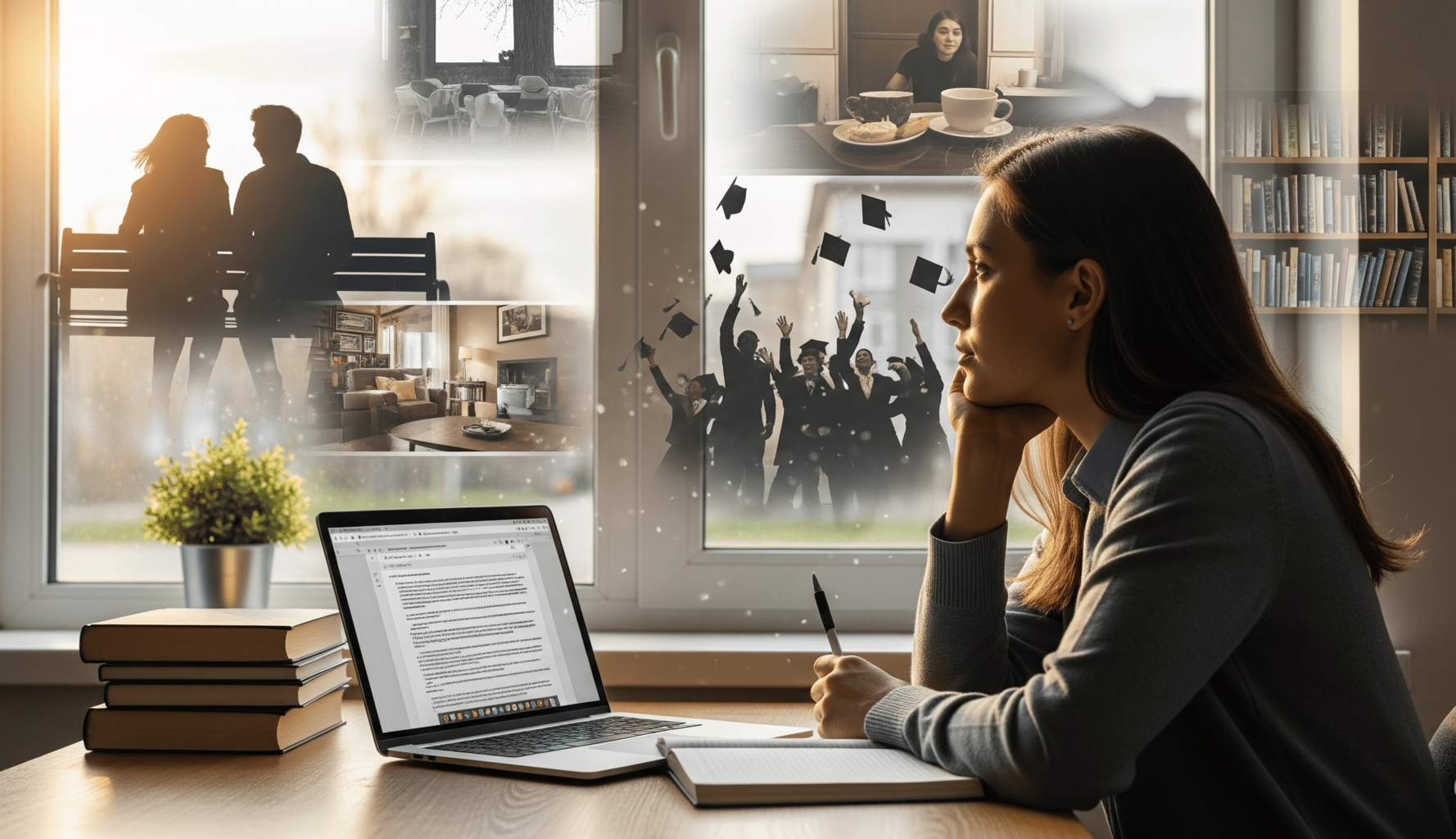 A person sitting at a desk, imagining things, with a laptop in front of her.