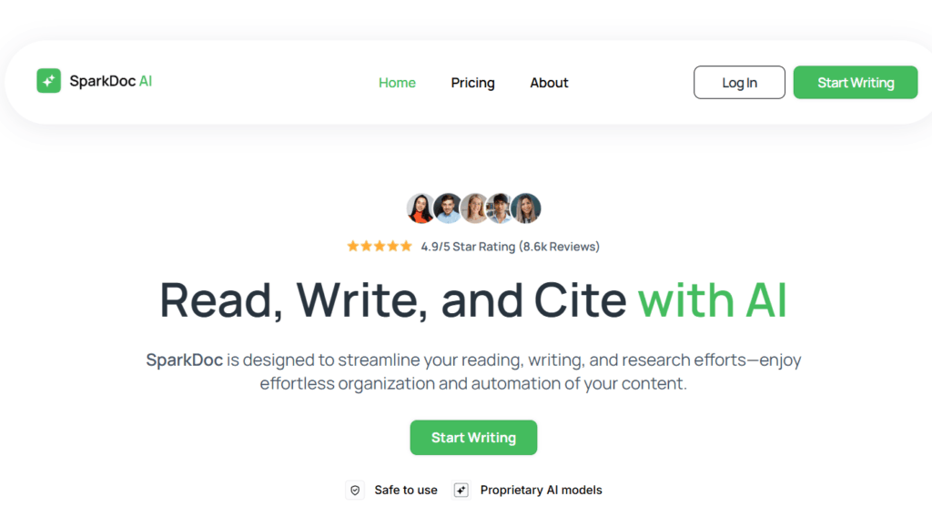 A screenshot of Sparkdoc homepage showing the “Start Writing” button.