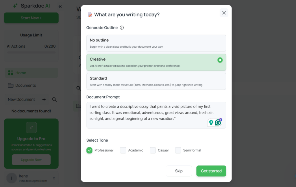 Sparkdoc workspace showing where to type your prompt.