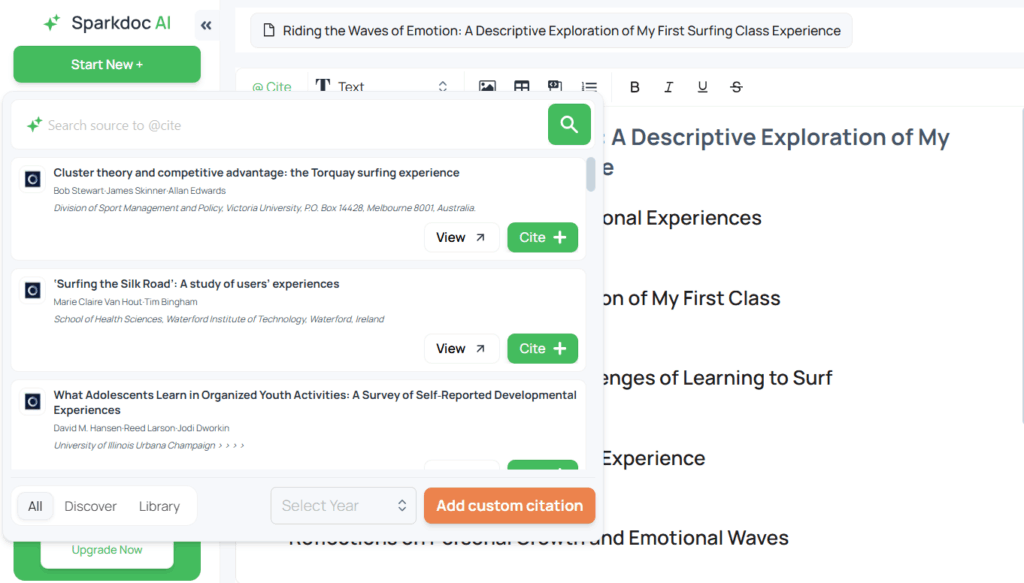 Sparkdoc workspace showing text editing and adding citations.